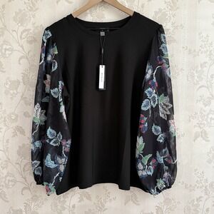 Tahari Top Plus Sz 1X Sheer Puff Floral Sleeves Black Romantic Cottagecore NWT